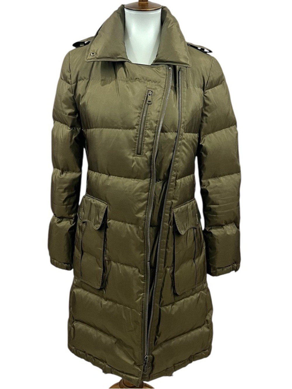 Burberry Asymmetrical Moto Zip Duck Down Puffer Parka Coat